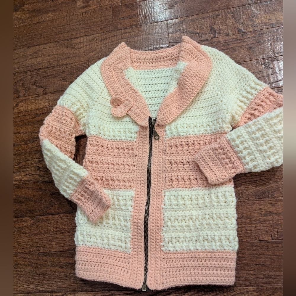 Hand Knit Cozy Pink and Cream Zipper Cardigan With Floral Design Kids Sz L 10-12